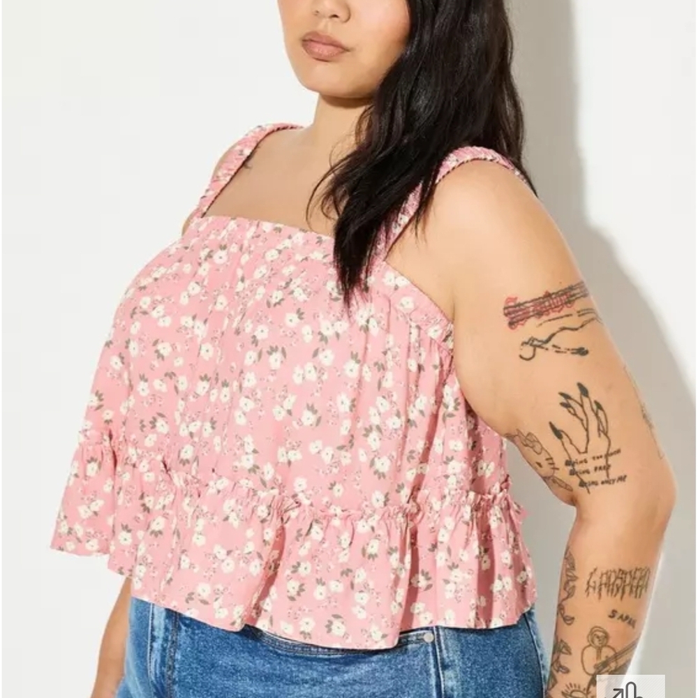 NWT Lovesick Torrid 2 Tiered Smocked Strap Floral Tank Pink AD-3185